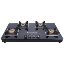 Load image into Gallery viewer, Octavia 4 Burner Glass Hob Top Cooktop, Black 8mm Toughened Glass with 2 Years Warranty, Ergonomic Knobs, Forged Brass Burners, Stainless Steel Drip Tray, Manual ignition