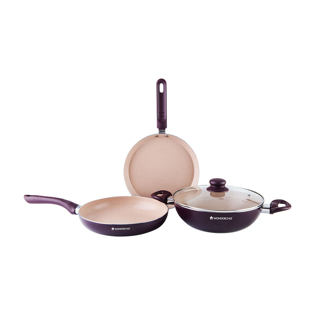 New Milano Set Burgundy 24 cm, Wok, Fry Pan, Dosa Tawa, Meta Tuff - non - stick coating, Pure grade Aluminum,