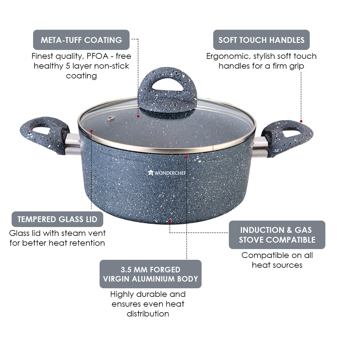 Granite Non-stick 6-piece Casserole Set with Lids, Induction bottom, Soft-touch handles, Virgin grade aluminium, PFOA/Heavy metals free, 3.5mm, 2 years warranty, Black - Wonderchef