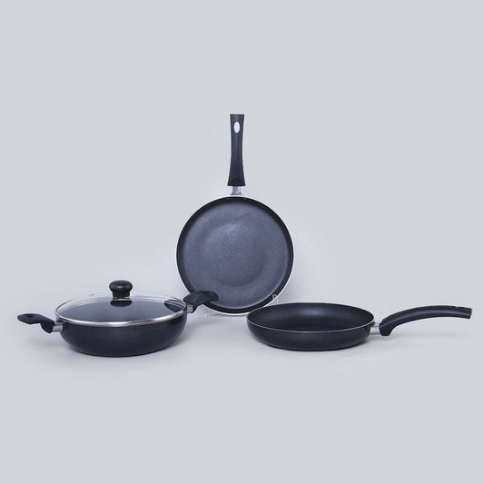 Platinum Plus Non-stick Cookware Set, 4Pc (Kadhai with Lid, Fry Pan, Dosa Tawa), Induction Bottom, Cool-touch Bakelite Handle, Pure Grade Aluminium, PFOA/Heavy Metals Free, 1 Year Warranty, Black