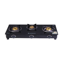 Load image into Gallery viewer, Acura 3 Burner Cooktop,  Black Toughened Glass Top with 1 Year Warranty, Efficient Brass Burners, Manual Ignition Gas Stove,