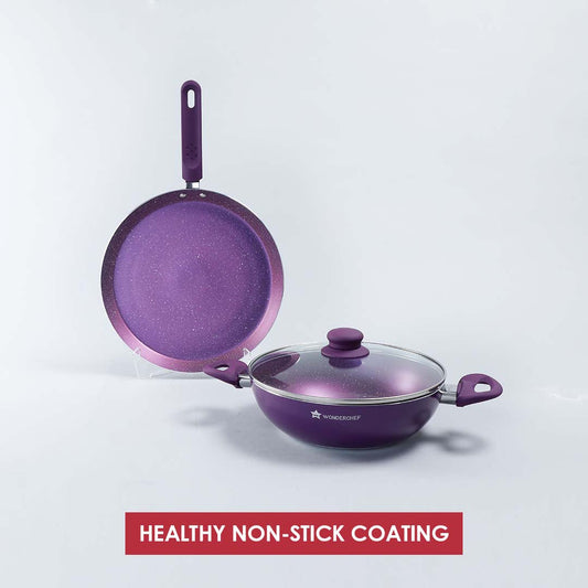 Orchid Non-stick Cookware Set, 3Pc (Wok with Lid, Dosa Tawa), Induction Bottom, Soft Touch Handle, Pure Grade Aluminium, PFOA Free, Purple