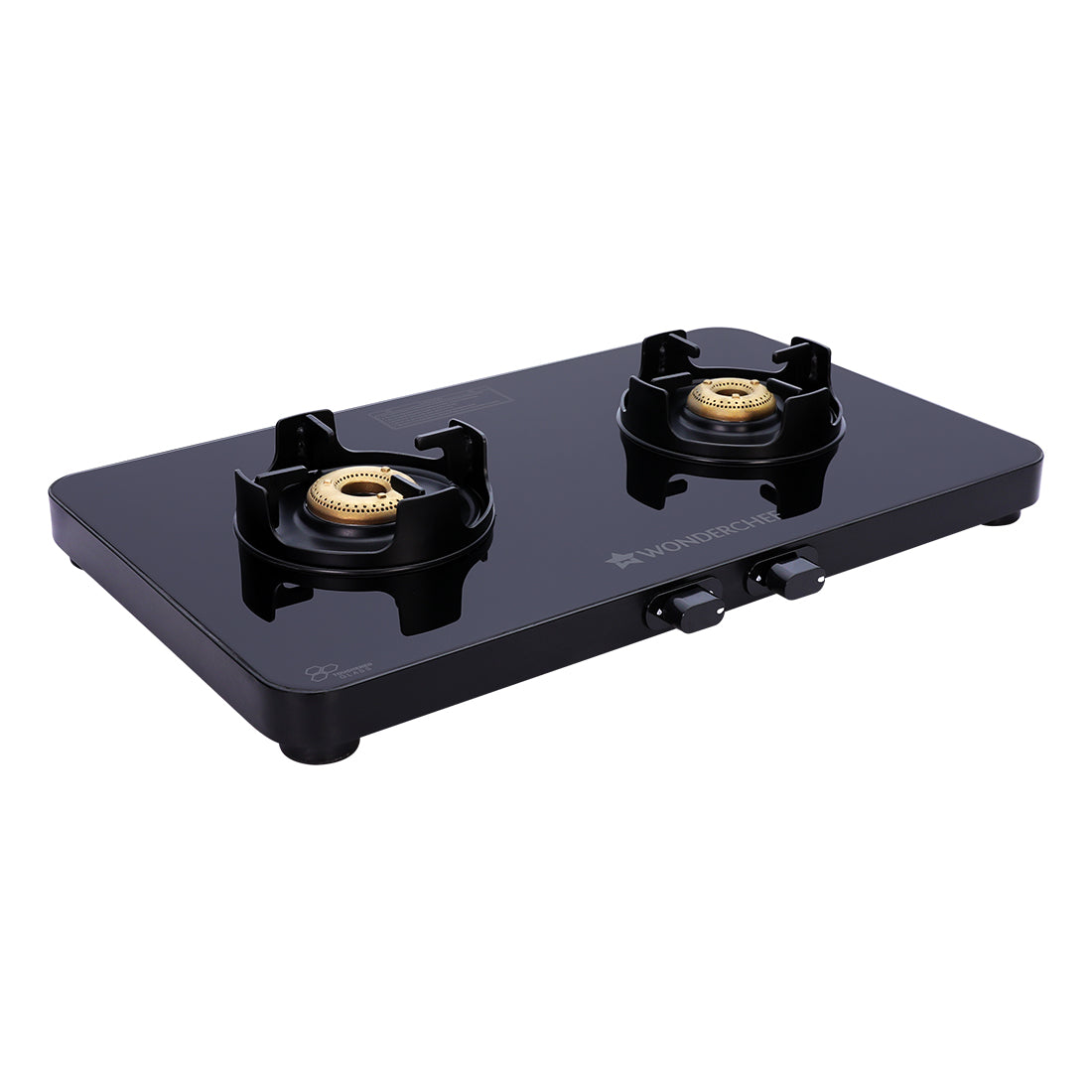 Slimline 2 Burner Glass Cooktop, Black 7mm Toughened Glass with 2 Years Warranty, Ergonomic knobs, Black Powder-Coated Drip Tray, Forged Brass Burners, Manual Ignition Gas Stove