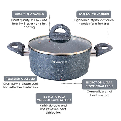 Granite Non-stick Casserole, Induction bottom, Soft-touch handles, Virgin grade aluminium, PFOA/Heavy metals free, 3.5mm, 2 years warranty, Grey - Wonderchef