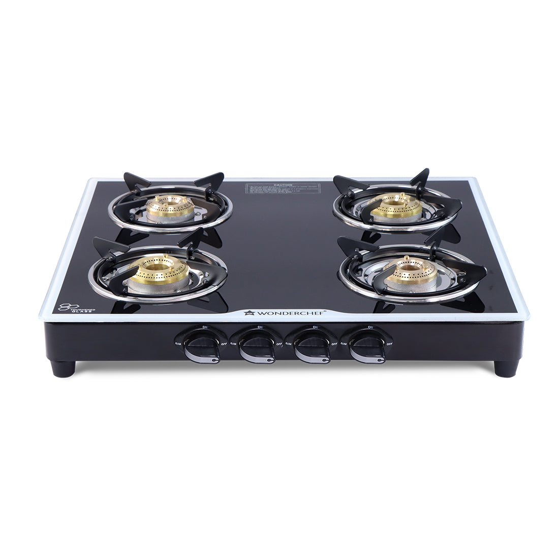 Platinum 4 Burner Glass Cooktop, Black 6mm Toughened Glass with 1 Year Warranty, Ergonomic Knobs, Stainless Steel Drip Tray, Manual Ignition Gas Stove