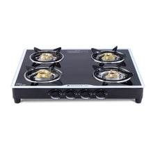 Load image into Gallery viewer, Platinum 4 Burner Glass Cooktop, Black 6mm Toughened Glass with 1 Year Warranty, Ergonomic Knobs, Stainless Steel Drip Tray, Manual Ignition Gas Stove