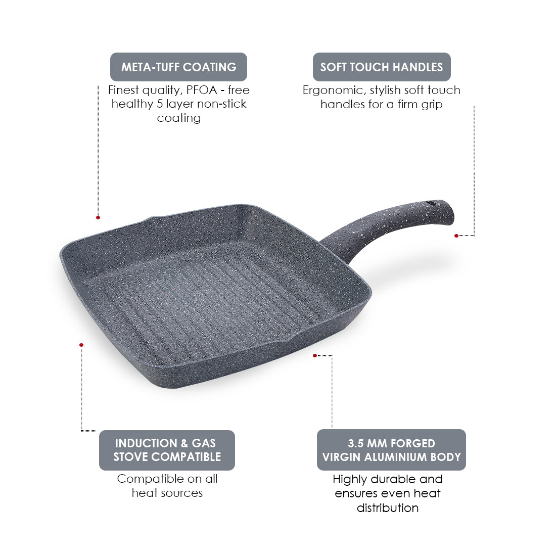 Granite Non-stick Grill Pan, Soft-touch handles, Virgin grade aluminium, PFOA/Heavy metals free, 3.5mm, 2 years warranty, Grey - Wonderchef