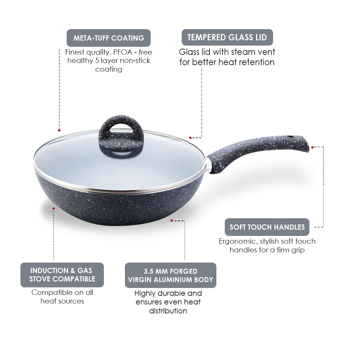 Granite Non-stick Wok, Induction bottom, Soft-touch handles, Virgin grade aluminium, PFOA/Heavy metals free, 3.5mm, 2 years warranty, Grey