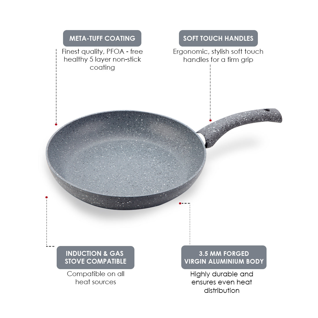 Granite Non-stick Fry Pan, Induction Bottom, Soft Touch Handle, Virgin Grade Aluminium, PFOA/Heavy Metals Free, 3.5mm, 2 years warranty, Grey - Wonderchef