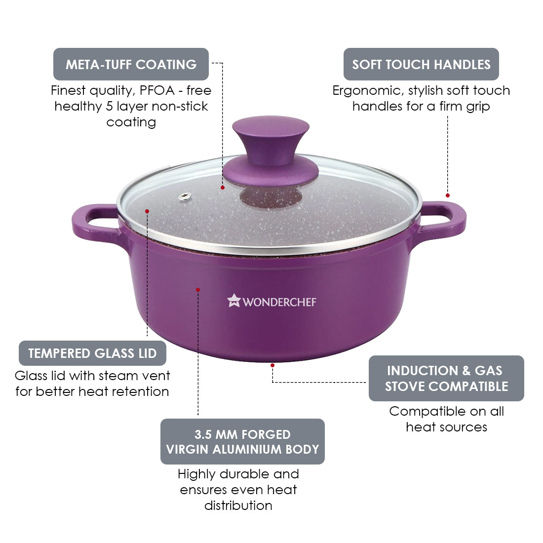 Granite Non-stick 6-piece Casserole Set with Lids, Induction bottom, Soft-touch handles, Virgin grade aluminium, PFOA/Heavy metals free, 3.5mm, 2 years warranty, Purple