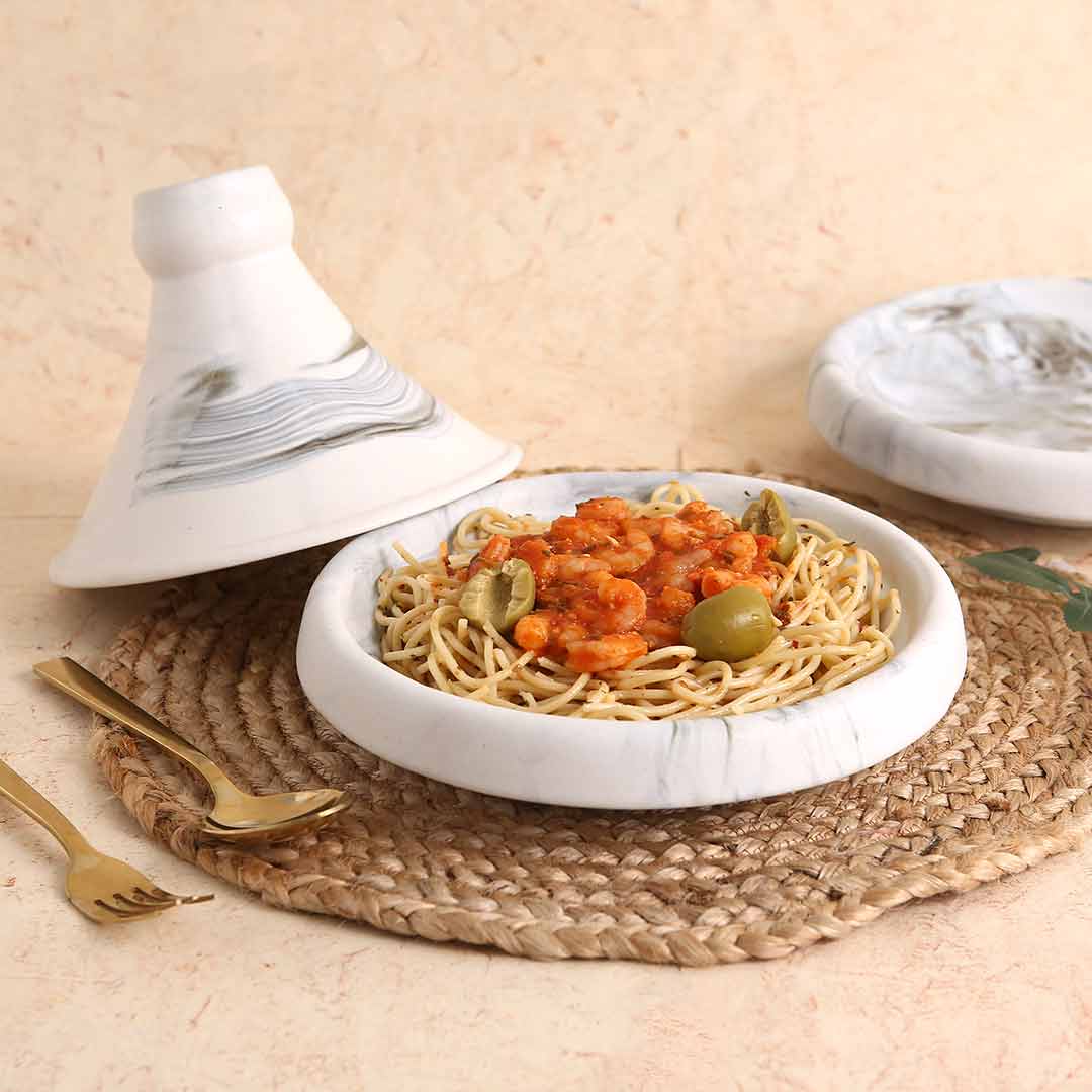 Teramo Stoneware  8” Tagine Set - Marble White