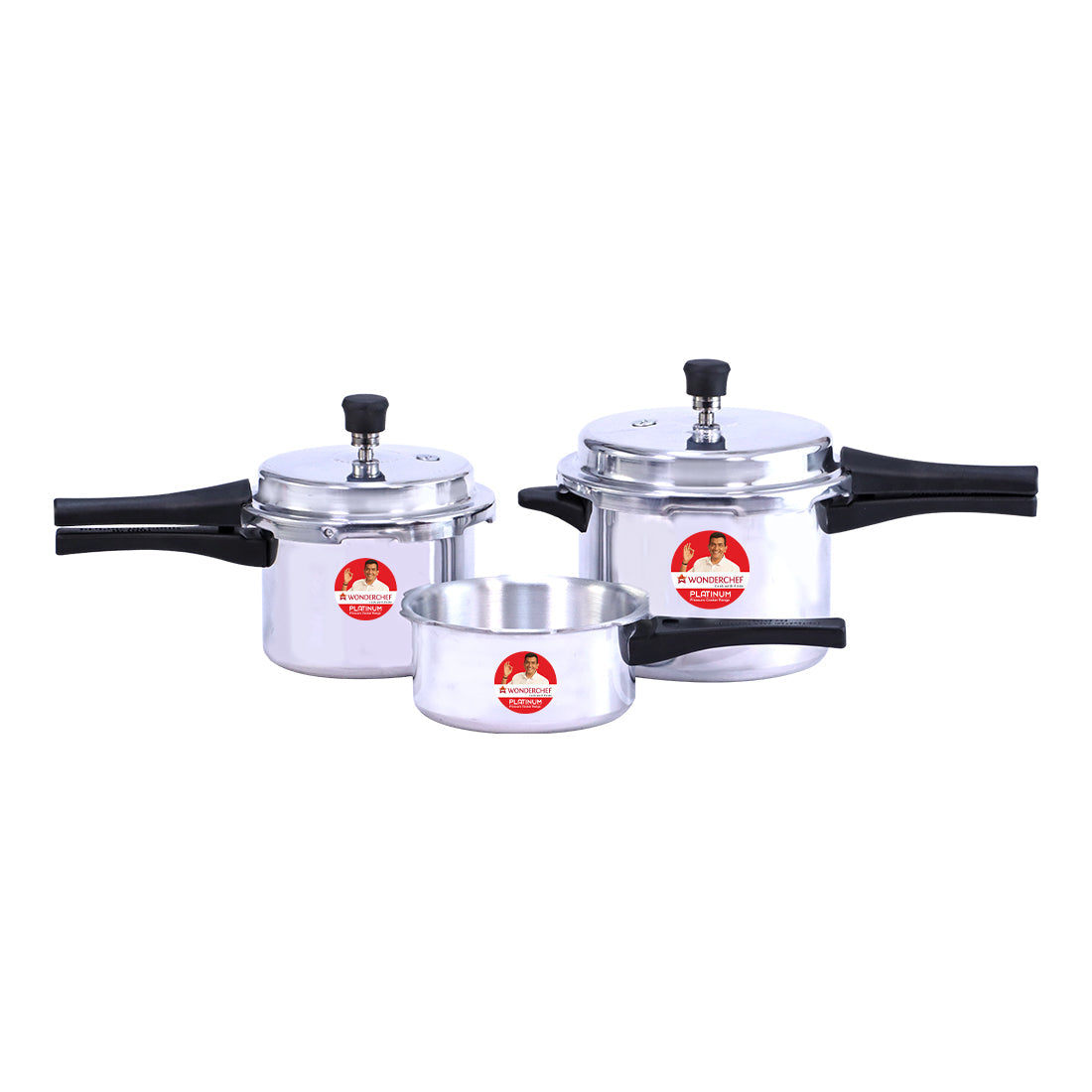 Platinum Pressure Cooker Combo Set (2L, 3L & 5L), Single valve, Ergonomic cool touch handles, Durable body,