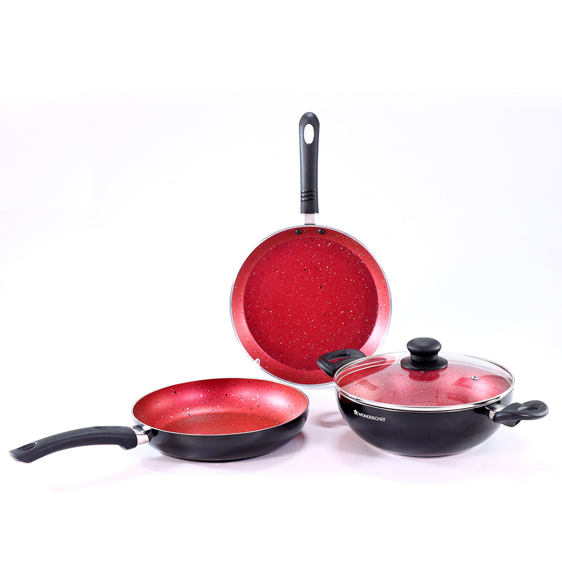 Ruby Set Red 24 cm, Wok. Fry-Pan, Dosa Tawa, Non-Stick - Meta Tuff, Glass Lid with Steam vent