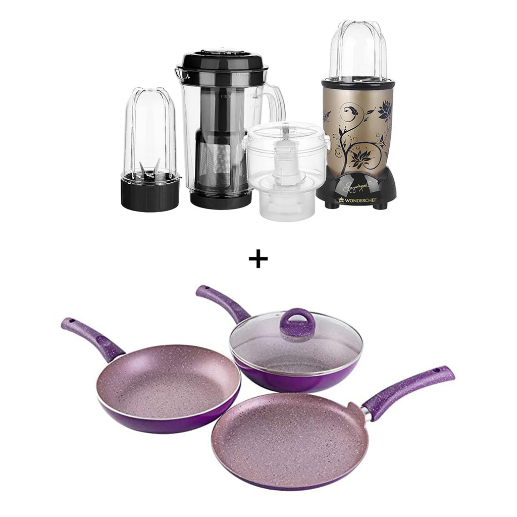 Nutri-Blend Complete Kitchen Machine (Champagne) and Granite Aluminium Nonstick Cookware Set (Purple)