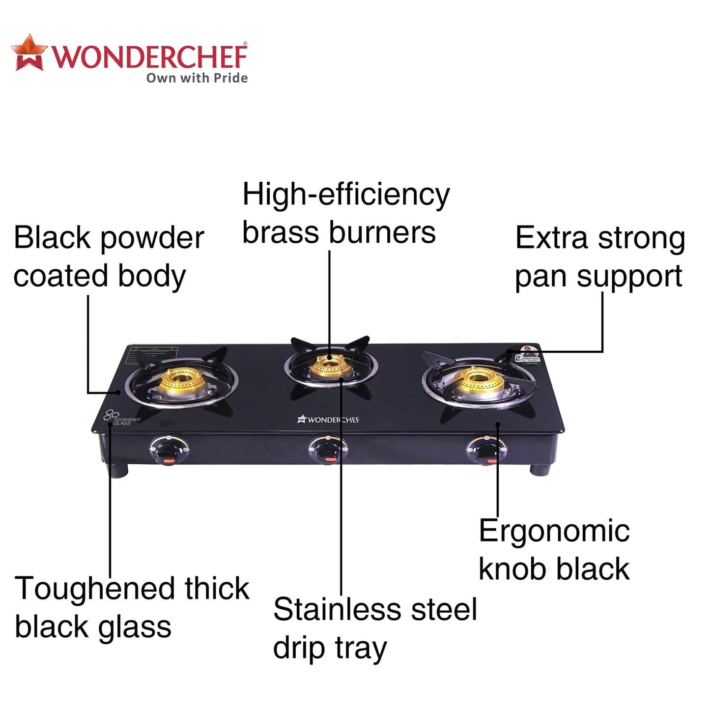 Wonderchef Ruby Black 3 Burner Glass Cooktop - Wonderchef