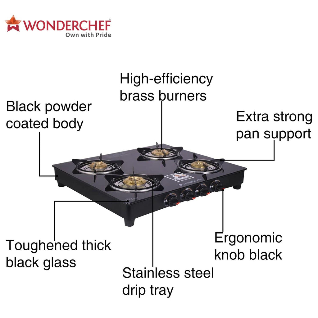 Wonderchef Ruby Black 4 Burner Glass Cooktop - Wonderchef