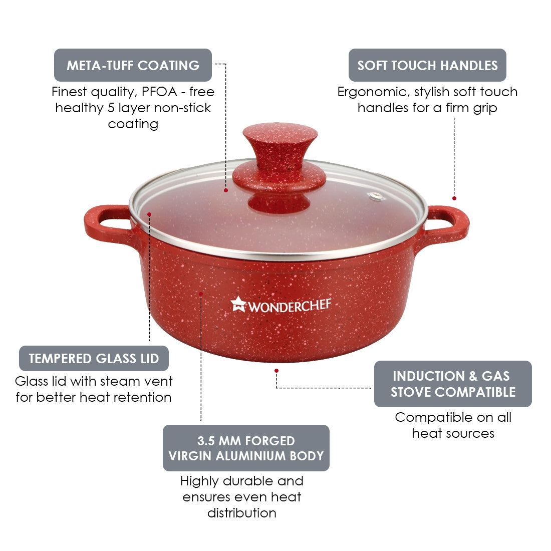 Granite Die-cast Non-stick Casserole Set, 6Pc (1150ML, 2000ML, 4500ML) With Lids, Induction Bottom, Soft Touch Handles, Pure Grade Aluminium, PFOA/Heavy Metal Free, 2 Years Warranty, Red