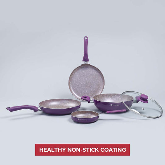 Royal Velvet Non-stick Cookware Set, 5Pc (Fry Pan with Lid, Wok, Dosa Tawa, Mini Fry Pan) Induction bottom, Soft-touch handles, Virgin Grade Aluminium, PFOA/Heavy Metals Free, 3mm, 2 Years Warranty, Purple