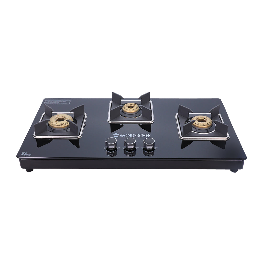 Octavia 3 Burner Glass Hob Top Cooktop, Black 8mm Toughened Glass with 2 Years Warranty, Ergonomic Knobs, Forged Brass Burners, Stainless Steel Drip Tray, Manual ignition