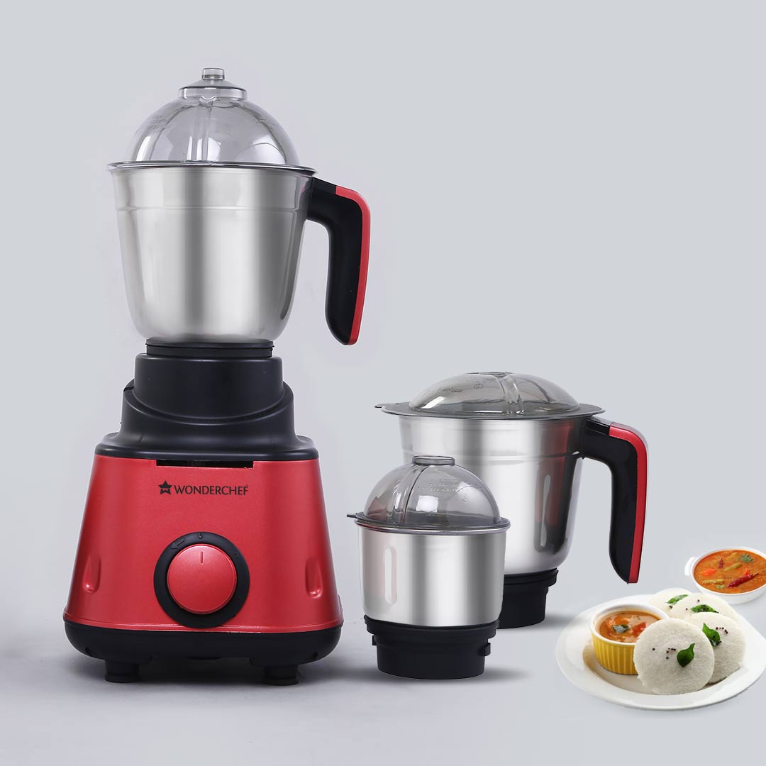 Sumo Mixer Grinder-600W With 3 Stainless Steel Jars and Anti-Rust Stainless Steel Blades, Ergonomic Handles, 5 Years Warranty on Motor, Red and Black