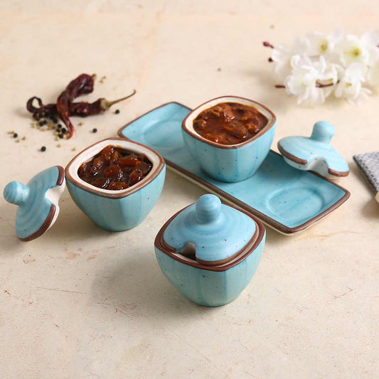 Teramo Stoneware 3pcs Pickle Set with Lid & Tray - Blue