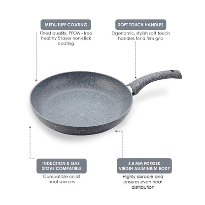 Granite Non-stick Fry Pan, Induction Bottom, Soft Touch Handle, Virgin Grade Aluminium, PFOA/Heavy metals free, 3.5mm, 2 Years Warranty, Grey