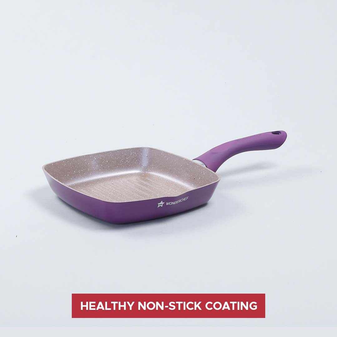 Royal Velvet Non-stick Grill Pan, Soft-Touch Handle, Virgin Grade Aluminium, PFOA/Heavy metals free, 2.5mm, Purple