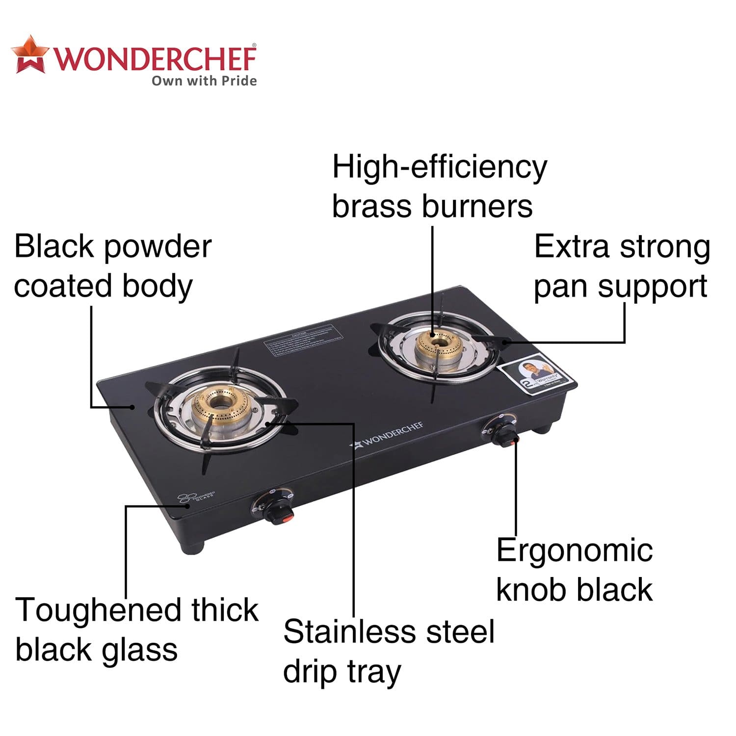 Wonderchef Ruby Black 2 Burner Glass Cooktop - Wonderchef