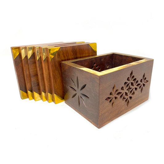 Earth Store Wooden Coaster With  Rectangular Box (Set of 6)