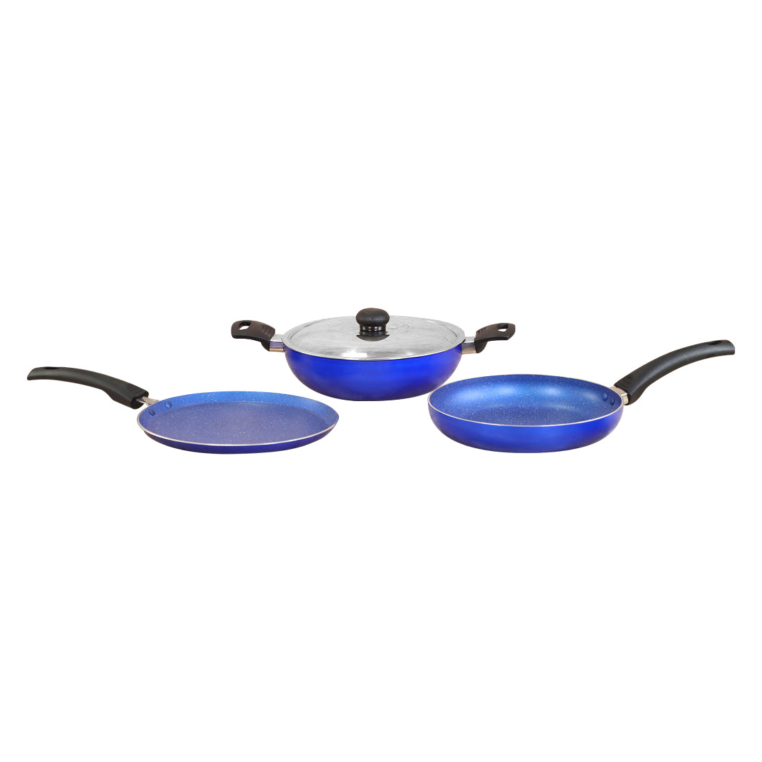 Trendy Nonstick Set,  4Pc (Kadhai With Stainless Steel Lid, Frying Pan, Dosa Tawa), Cool Touch Handles, Pure Grade Aluminium, PFOA Free, 2 Years Warranty, Blue