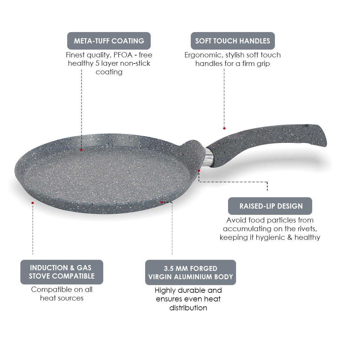 Granite Non-stick Dosa Tawa, Induction Bottom, Soft-touch Handle, Virgin Grade Aluminium, PFOA/Heavy metals free, 3.5mm, 30cm, 2 years warranty, Grey