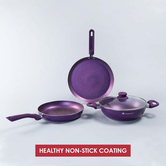 Orchid Non-stick Cookware Set, 4Pc (Wok with Lid, Fry Pan, Dosa Tawa), Induction Bottom, Soft Touch Handles, Pure Grade Aluminum, PFOA Free, 2 Years Warranty, Purple