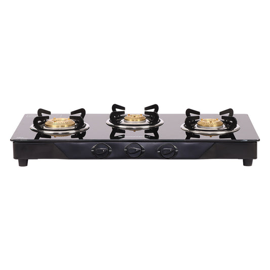 Glory 3 Burner Glass Cooktop, Black 8mm Toughened Glass with 2 Years Warranty, Ergonomic Knobs, Stainless Steel Drip Tray, Manual Ignition Gas Stove