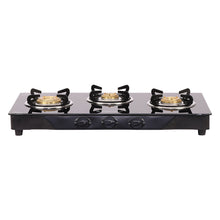 Load image into Gallery viewer, Glory 3 Burner Glass Cooktop, Black 8mm Toughened Glass with 2 Years Warranty, Ergonomic Knobs, Stainless Steel Drip Tray, Manual Ignition Gas Stove