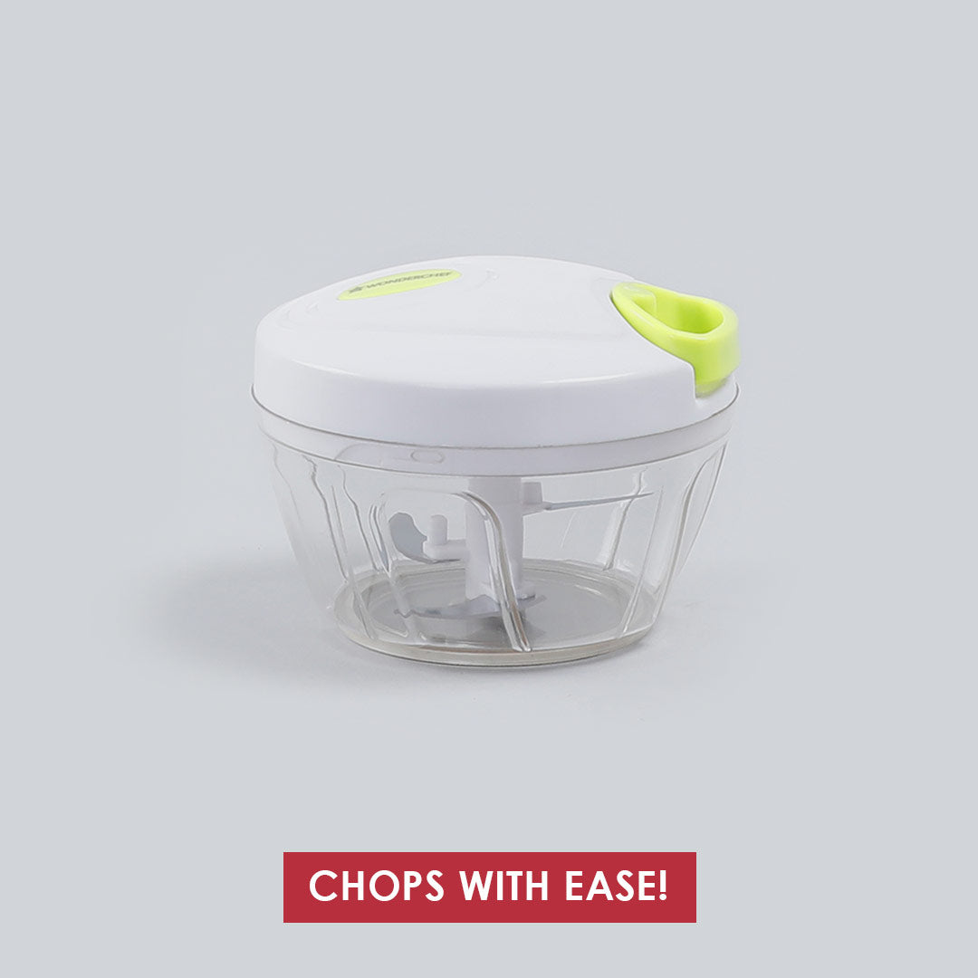 Classic String Vegetable Chopper with 3 Sharp SS Blade, Anti Slip Silicone,Compact,1 Year Warranty White and Green