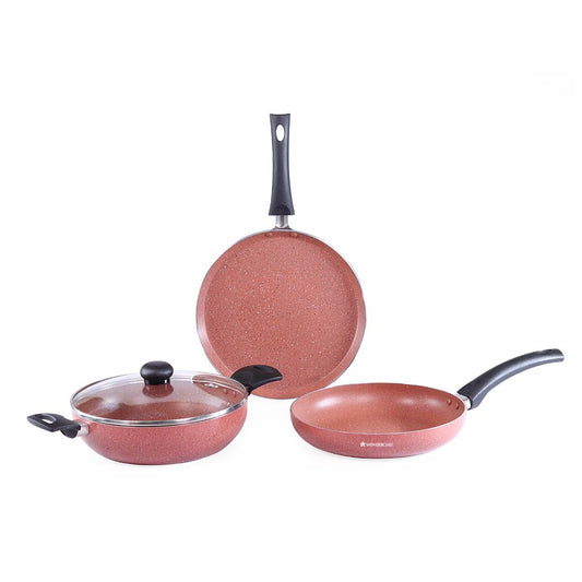 Platinum Plus Non-stick Cookware Set, 4Pc (Kadhai with Lid, Fry Pan, Dosa Tawa), Induction Bottom, Cool-touch Bakelite Handle, Pure Grade Aluminium, PFOA/Heavy Metals Free, 1 Year Warranty, Brick Red