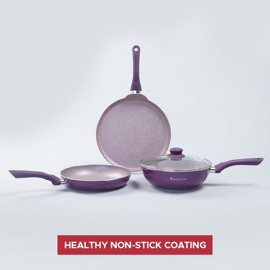 Royal Velvet Non-stick Cookware Set, 4Pc (Fry Pan with Lid, Wok, Dosa Tawa) 3mm, 2 Years Warranty, Purple