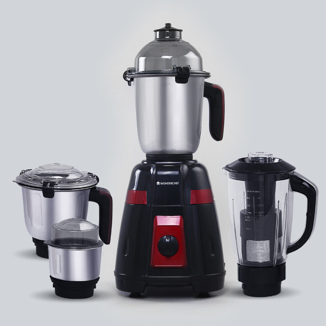 Platinum Mixer Grinder 750W with 4 Stainless Steel Jars And Anti-Rust Stainless Steel Blades, Ergonomic Handles, 5 Years Warranty On Motor,  Black & Crimson