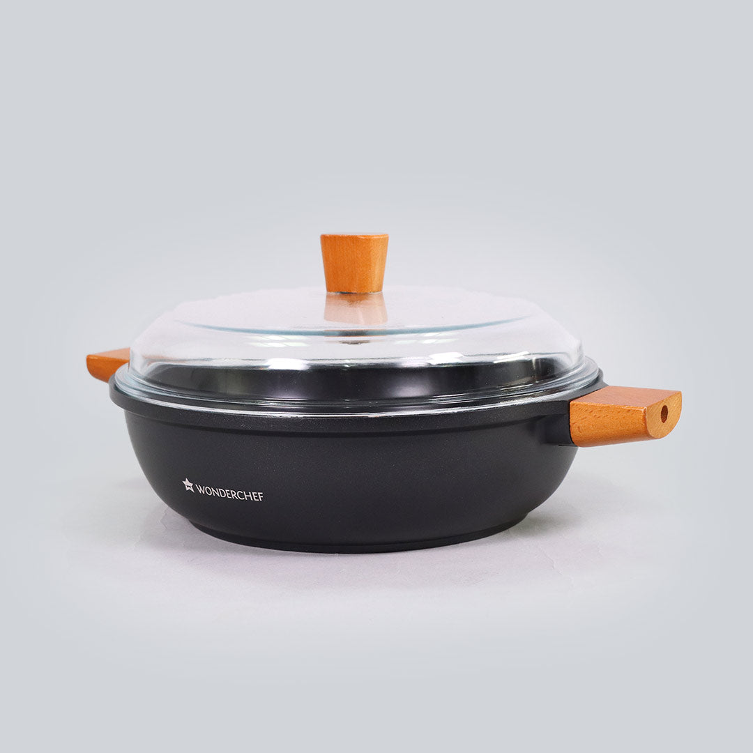 Caesar Non-Stick Casserole with Lid, German Beechwood Handle, Pure Grade Aluminium, Induction Bottom- 28cm, 4.07L, 5mm, Black, 5 Years Warranty