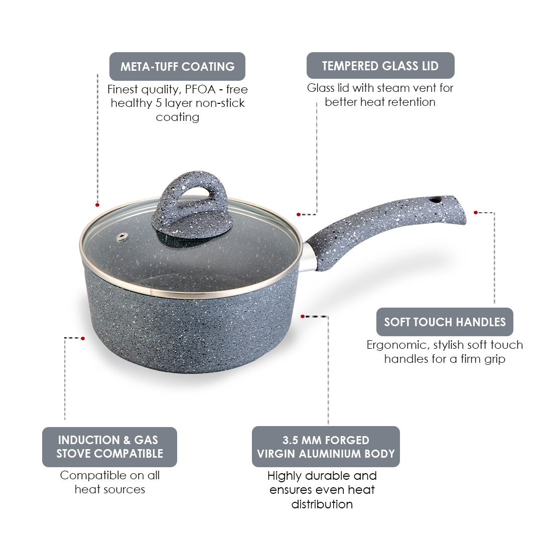 Granite Non-stick Sauce Pan, Induction Bottom, Soft Touch Handle, Virgin Grade Aluminium, PFOA/Heavy Metals Free, 3.5mm, 2 Years Warranty, Grey - Wonderchef