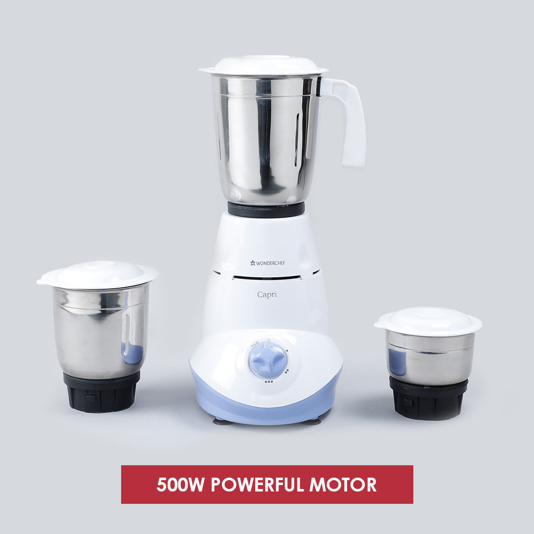 Wonderchef Capri Mixer Grinder 500W With 3 Stainless Steel Jars (White & Blue)