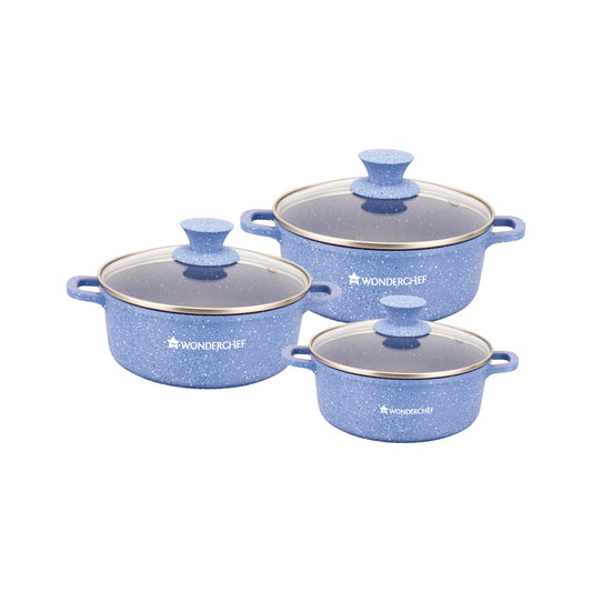 Granite Die-cast Non-stick Casserole Set, 6Pc (1150ML, 2000ML, 4500ML) With Lids, Induction Bottom, Soft Touch Handles, Pure Grade Aluminium, PFOA/Heavy Metal Free, 2 Years Warranty, Blue