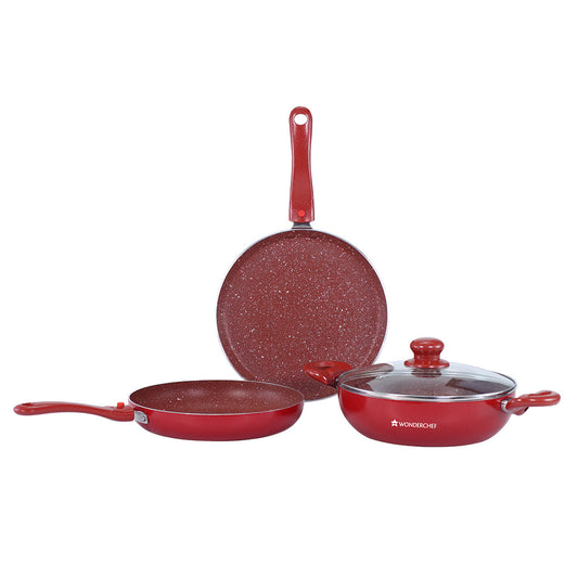 Ruby Plus Cookware Set, 4pc (Dosa Tawa, Fry Pan, Kadhai with Lid), Induction Friendly, Virgin Aluminum,  PFOA/Heavy metal free, 2 Years Warranty,  Dark Red