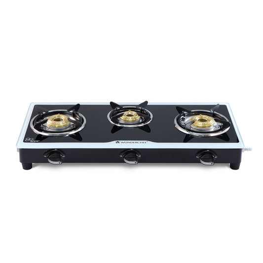 Platinum 3 Burner Glass Cooktop, Black 6mm Toughened Glass with 1 Year Warranty, Ergonomic Knobs, Stainless Steel Drip Tray, Manual Ignition Gas Stove