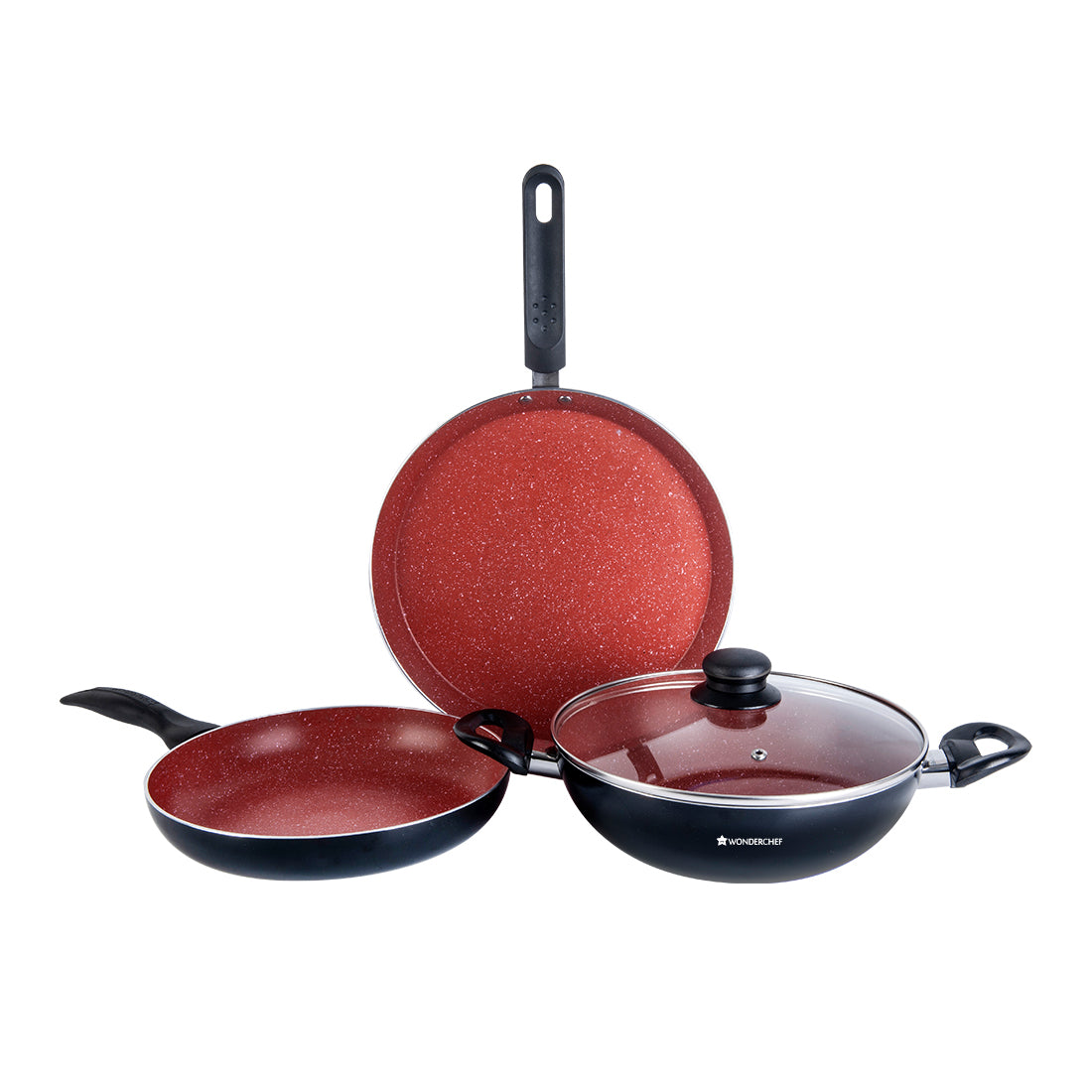 Platinum Non-stick Cookware Set, 4Pc (Wok with Lid, Fry Pan, Dosa Tawa), Cool Touch Bakelite Handles, Pure Grade Aluminium, PFOA free, Induction Friendly, 2.5 mm, 2 Years Warranty, Black and Red