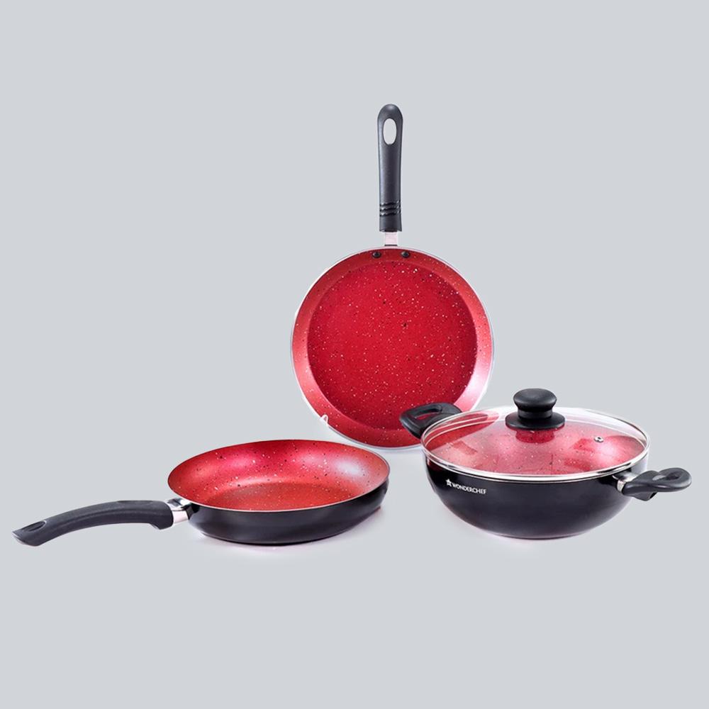 Ruby Set Red 24 cm, Wok. Fry-Pan, Dosa Tawa, Non-Stick - Meta Tuff, Glass Lid with Steam vent