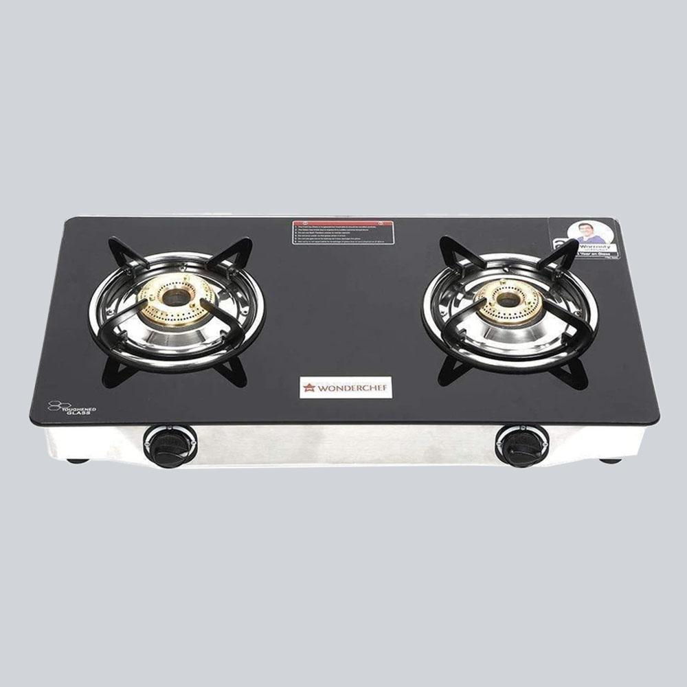 Energy 2 Burner Glass Cooktop, Black 8mm Toughened Glass  with 1 Year Warranty, Soft Touch Knobs, Efficient Brass Burners, Stainless Steel Double Drip Tray