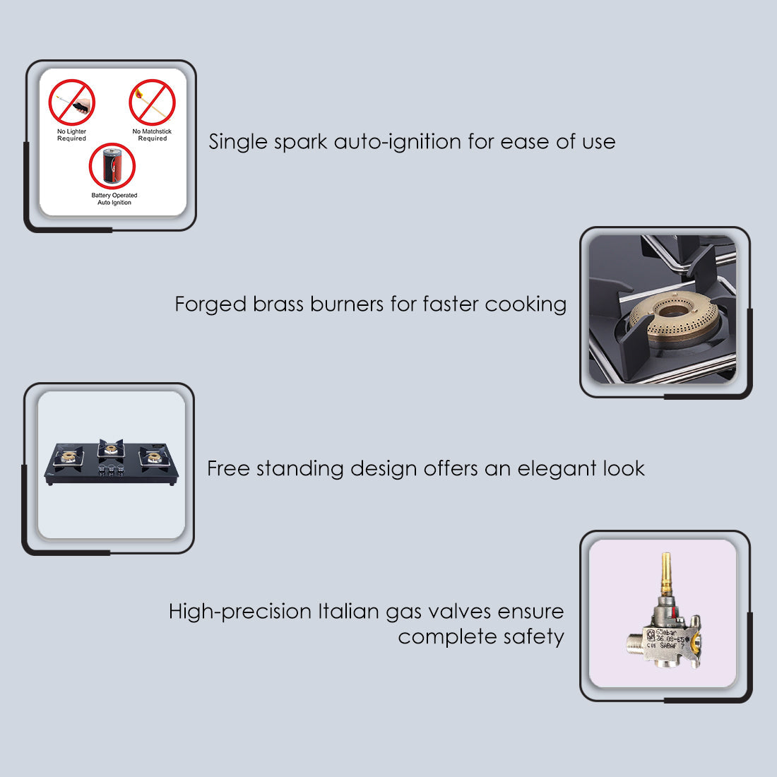 Octavia Auto 3 Burner, Ergonomic knobs, 8 mm thick toughened glass, 2 Years warranty