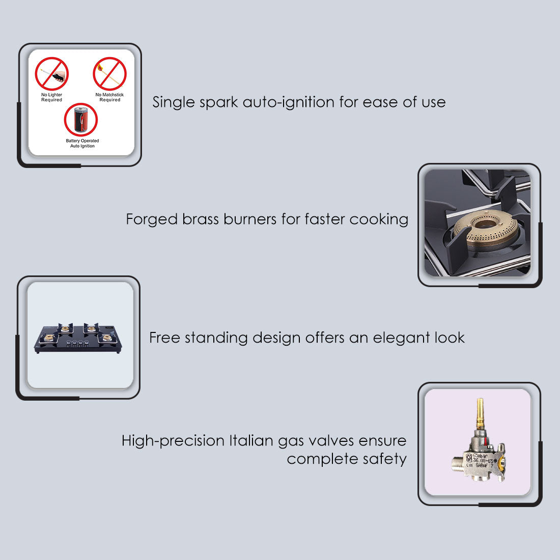 Octavia Auto 4 Burner, Ergonomic knobs, 8 mm thick toughened glass, 2 Years warranty