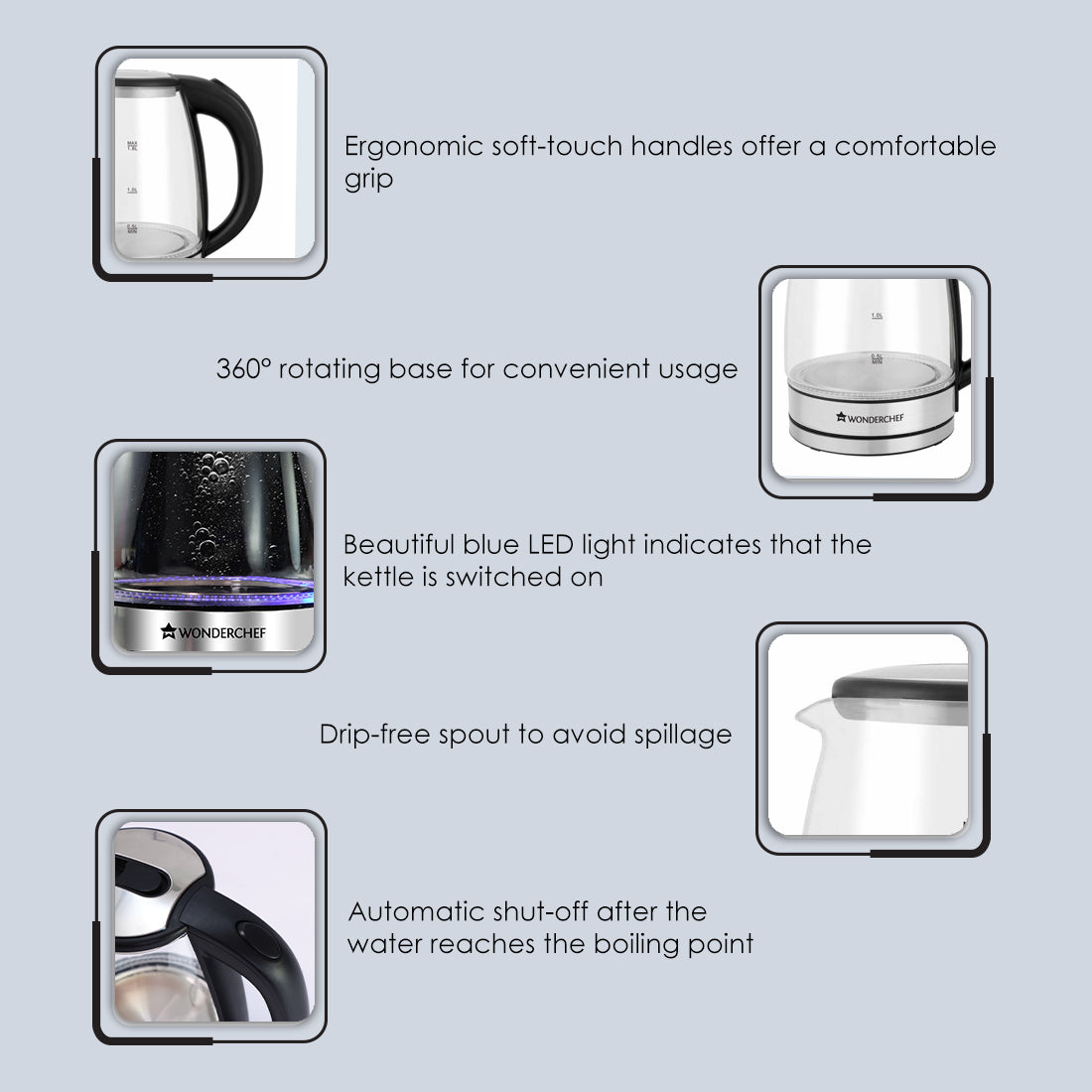 Azure Electric Glass Kettle, 1.8L, Borosilicate Glass Body, Stainless Steel Heating Plate, 1500W, 1 Year Warranty